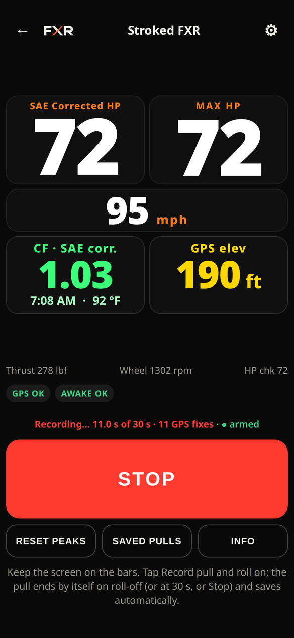 The app's live screen 11 seconds into the Stroked FXR pull: SAE corrected 72 horsepower, max 72, 95 mph, correction factor 1.03, GPS elevation 190 feet, recording with 11 GPS fixes, and a red Stop button.