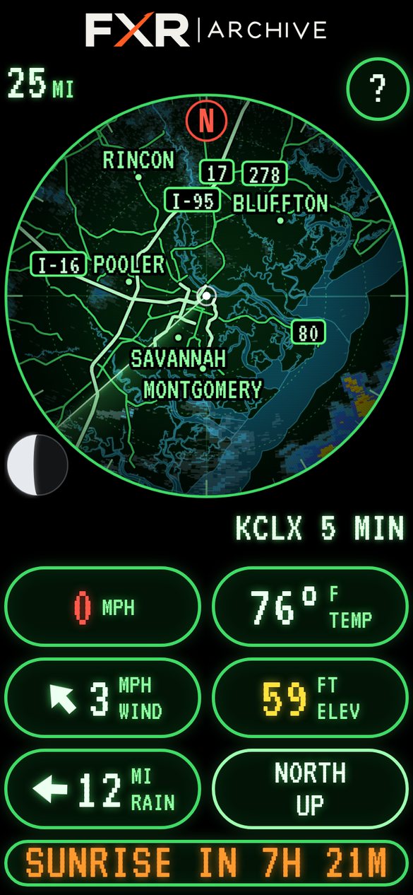 FXR Radar at 25 miles using a single nearby NEXRAD radar, tagged with the radar site and 5 MIN, rain 12 miles away.