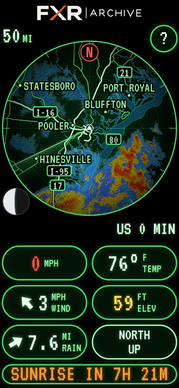 FXR Radar at 50 miles, north up: green phosphor radar scope with rain over the coast, highways and town names, the tag US 0 MIN, and pills for temperature, wind, elevation and 7.6 miles to rain.