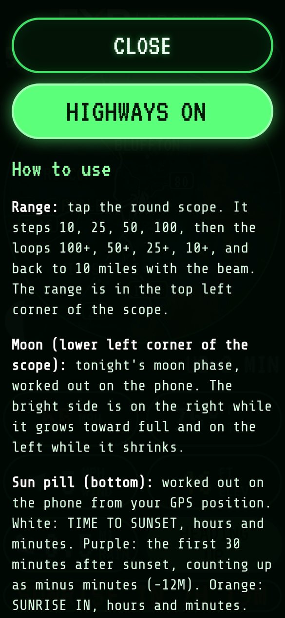 The FXR Radar Help screen with a big CLOSE button, how-to text and a HIGHWAYS ON switch.