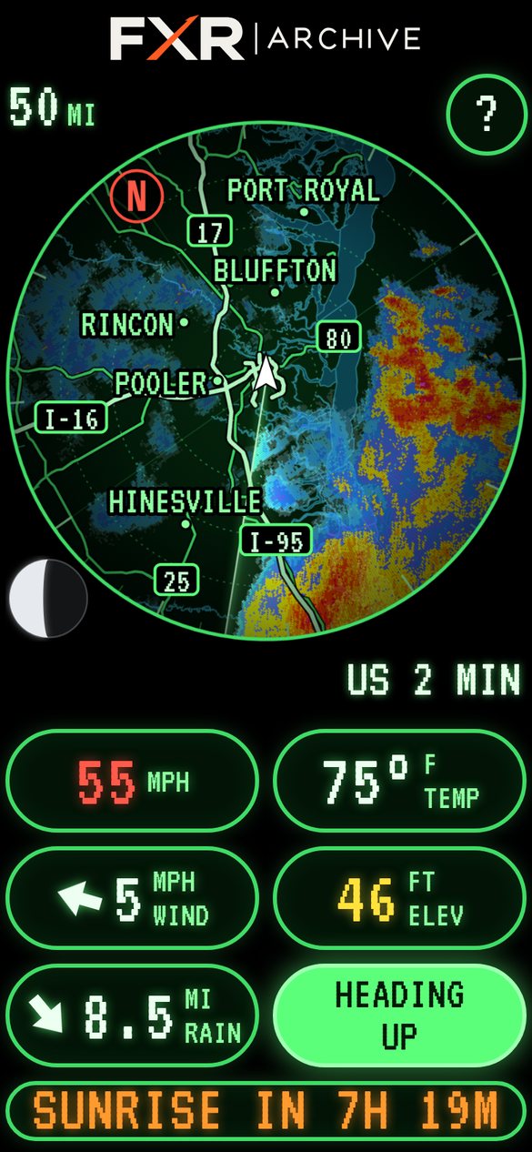 FXR Radar on a simulated ride: a round green radar scope at 50 miles, heading up, with heavy rain to the east, highways and towns, and big pills for 55 mph, 75 degrees, 5 mph wind, 46 feet elevation, 8.5 miles to rain, and sunrise in 7 hours 19 minutes.