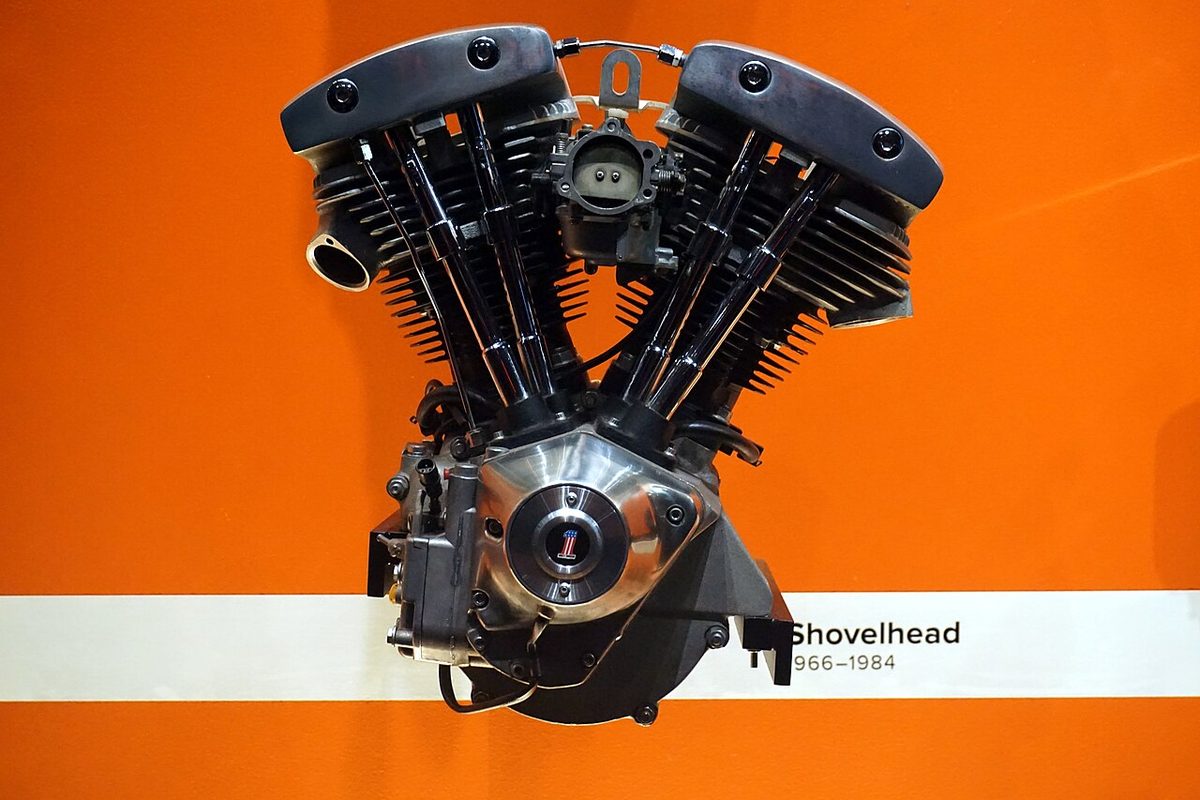 A Harley-Davidson Shovelhead V-twin engine on display at the Harley-Davidson Museum