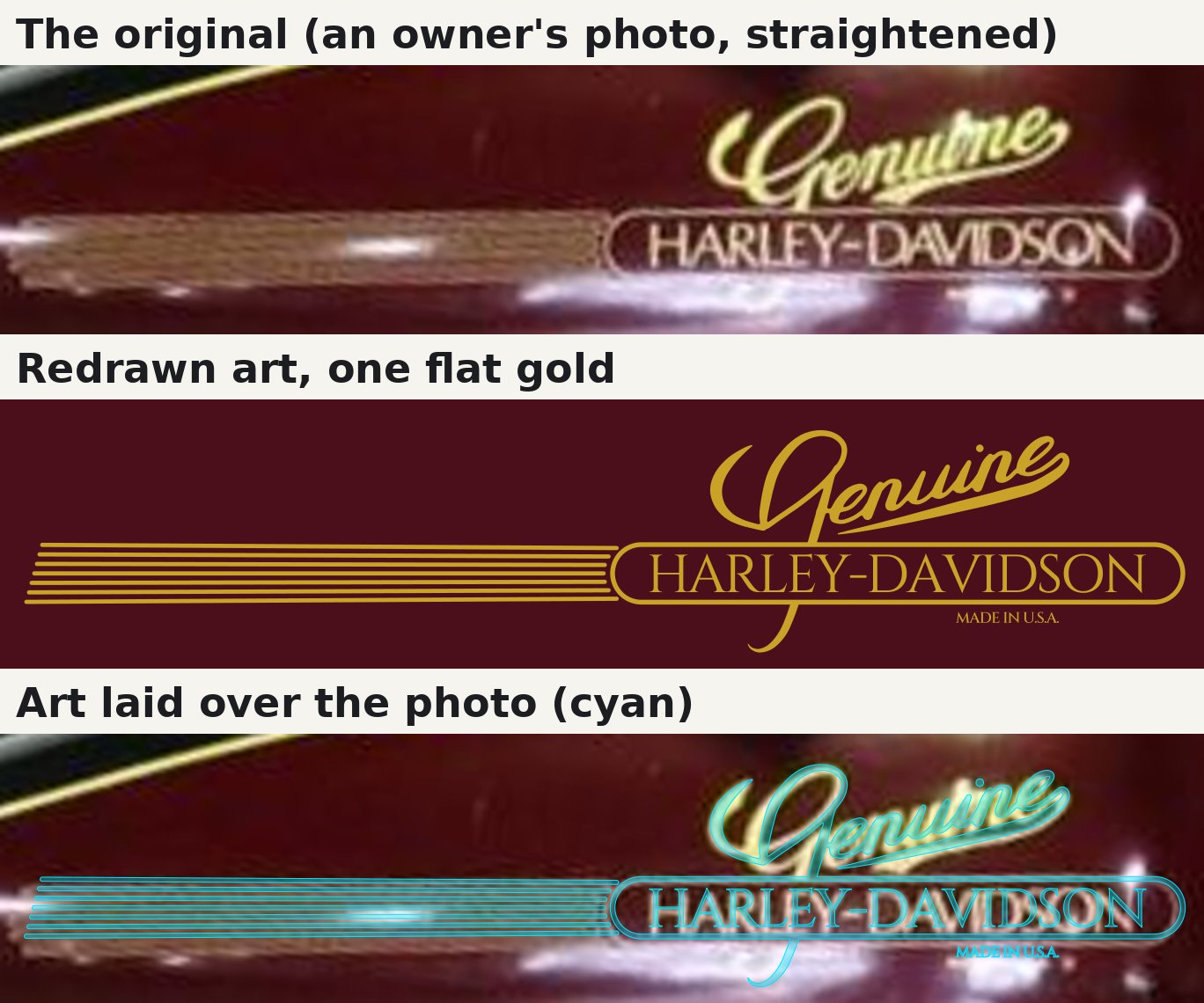 Three strips: the original tank photo, the redrawn art, and the art laid over the photo in cyan
