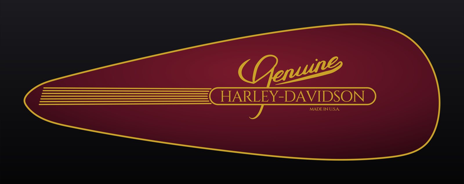 FXRDG tank decal mockup: the redrawn gold FXRDG tank emblem and teardrop pinstripe on a burgundy tank shape