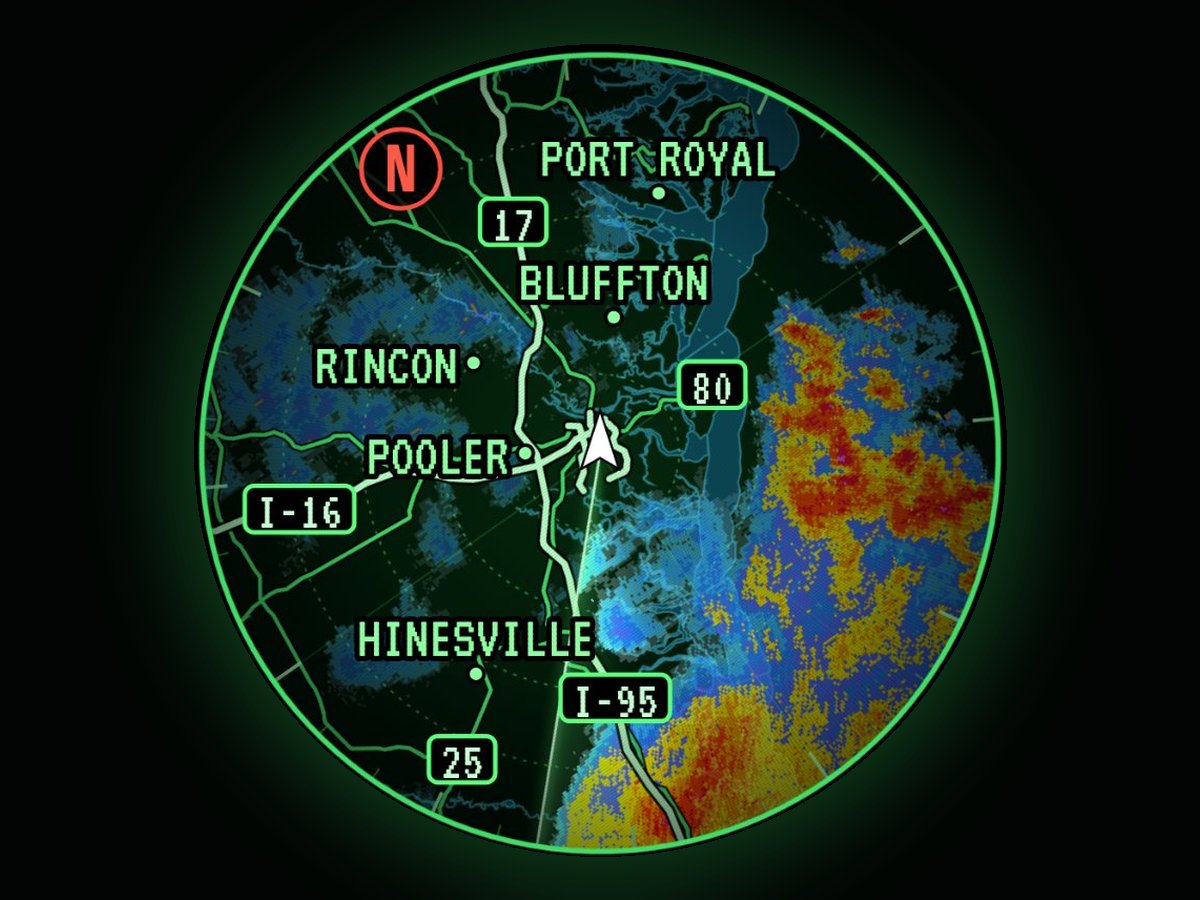 FXR Radar's round green radar scope with rain