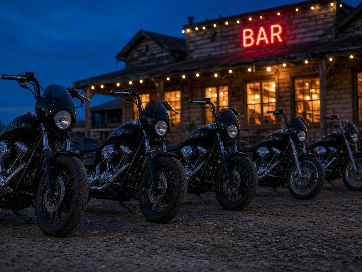 Motorcycles parked in a row outside a roadside bar at dusk